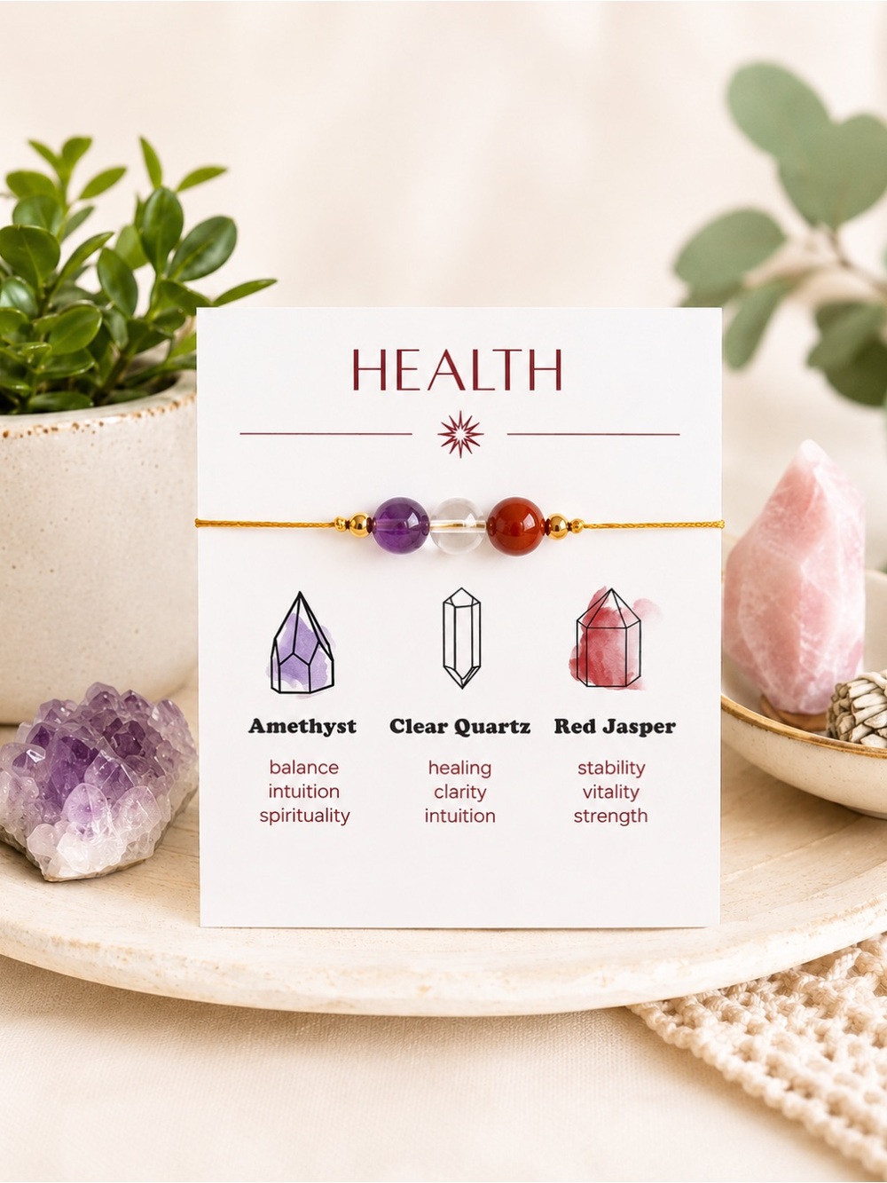 Health Gemstone Bracelet Amethyst Clear Quartz Red Jasper